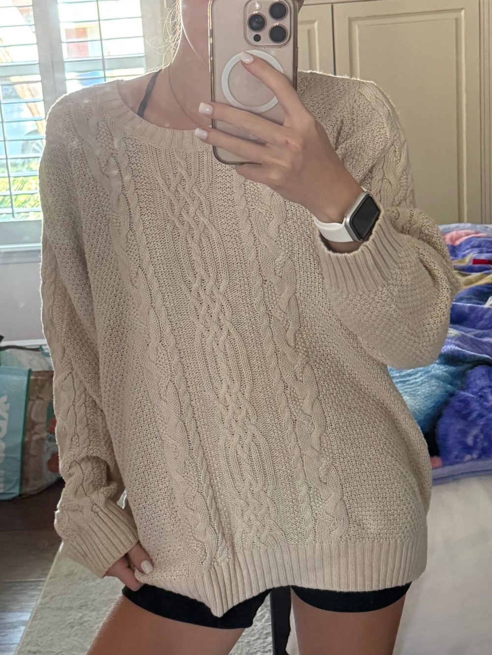 JEANNE PIERRE Cable-Knit Crew Sweater - Beige